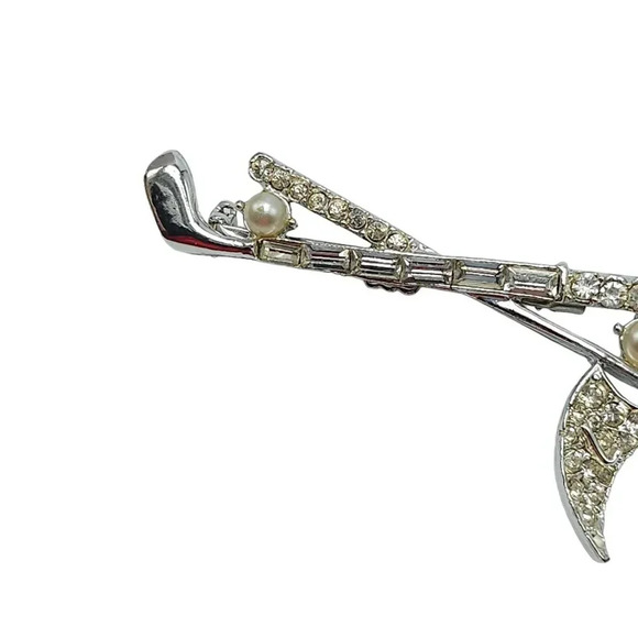 Faux Pearl Clear Rhinestone Crystal Golf Club Flag Ball Brooch Pin Vintage - Picture 3 of 5